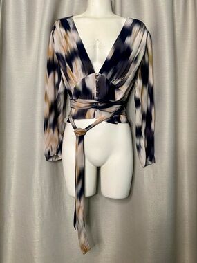 Reiss Navy, Cream & Tan Abstract Wrap Blouse